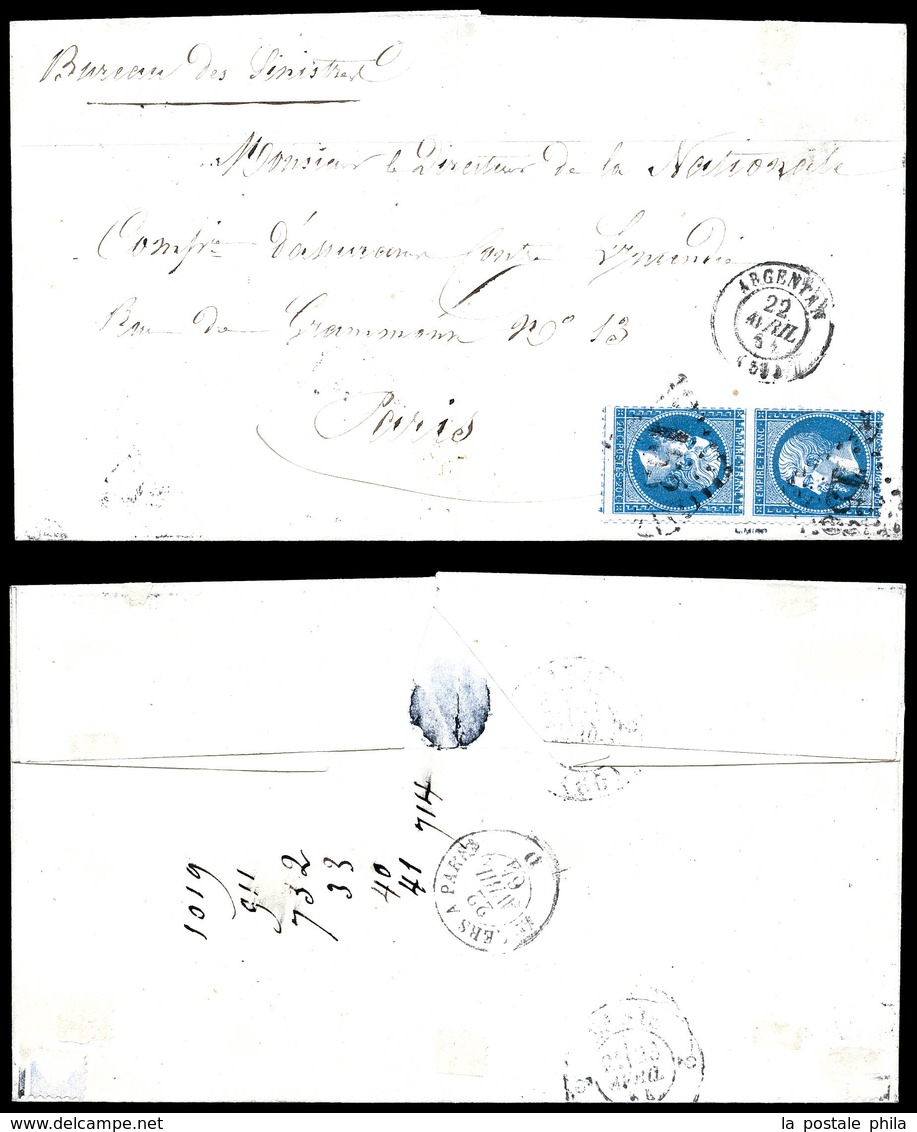 O N°22b, 20c Bleu En Paire Têtebêche Sur Lettre D'Argentan Le 22 Avril 1864 Pour Paris. SUP (signé Brun/certificat)   Qu - 1849-1876: Période Classique