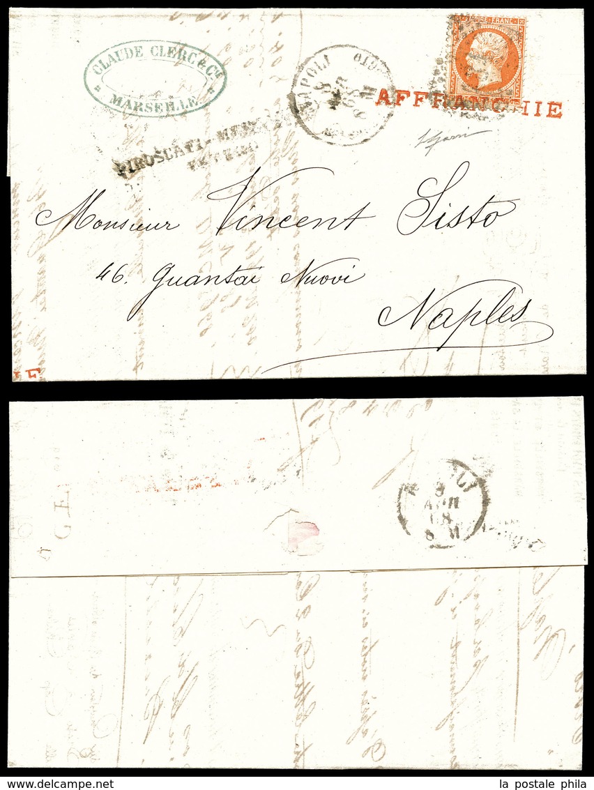 O N°23, 40c Orange Obl GC Italien '284' + Griffe Rouge AFFRANCHIE Sur Lettre De Marseille Du 4 Avril 68 Pour Naples. Gri - 1849-1876: Classic Period