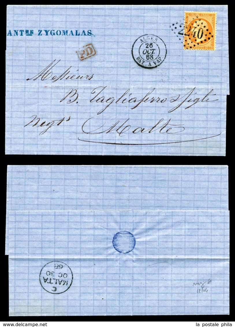 O N°23, 40c Orange Sur Lettre Au Départ D'Alger Le 24 Oct 68, Obl Càd 'ALGER BAT A VAP' Et GC 2240 Apposés à Marseille,  - 1849-1876: Période Classique