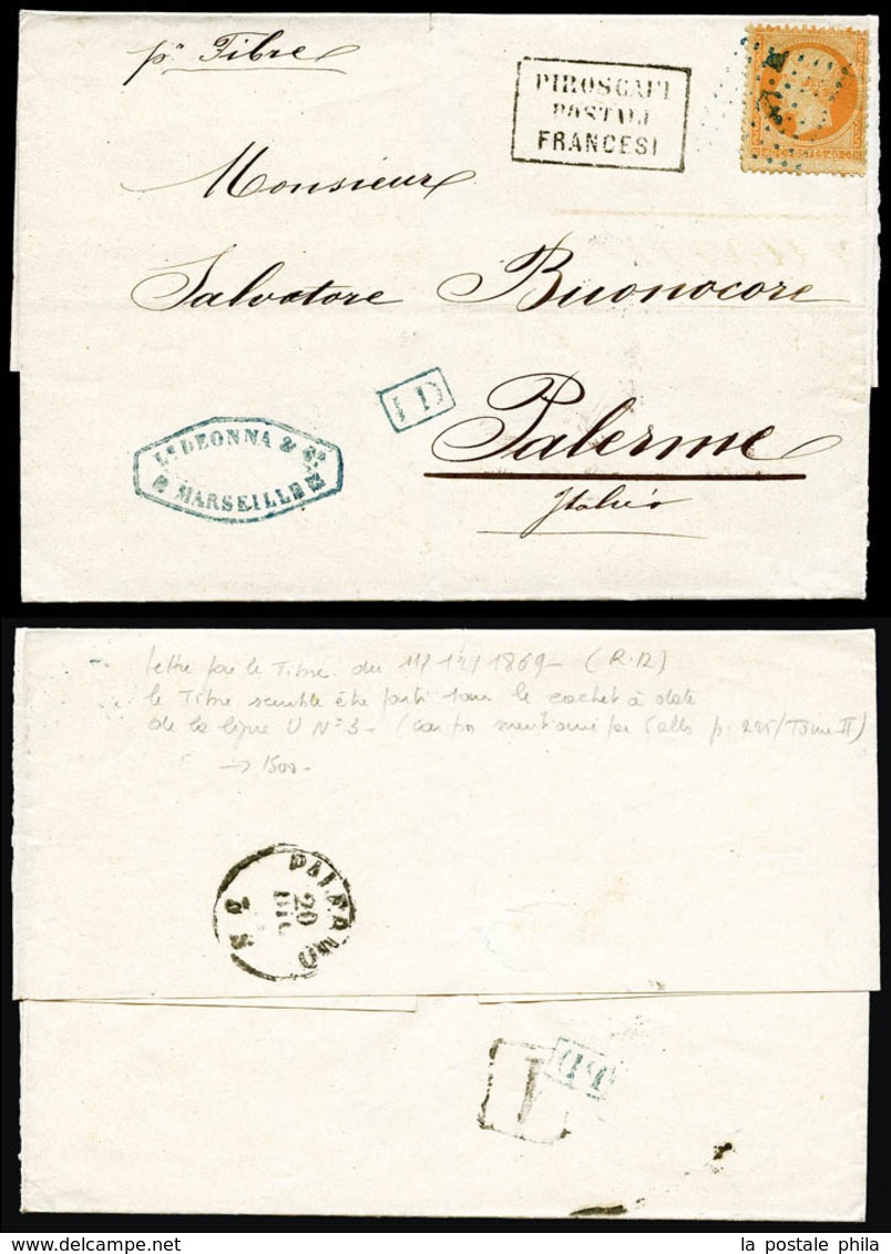 O N°23, 40c Orange Obl Ancre Bleue + Cachet Encadré 'PIROSCAFI POSTALI FRANCESI' Sur Lettre De Marseille Pour Palerme (S - 1849-1876: Periodo Classico