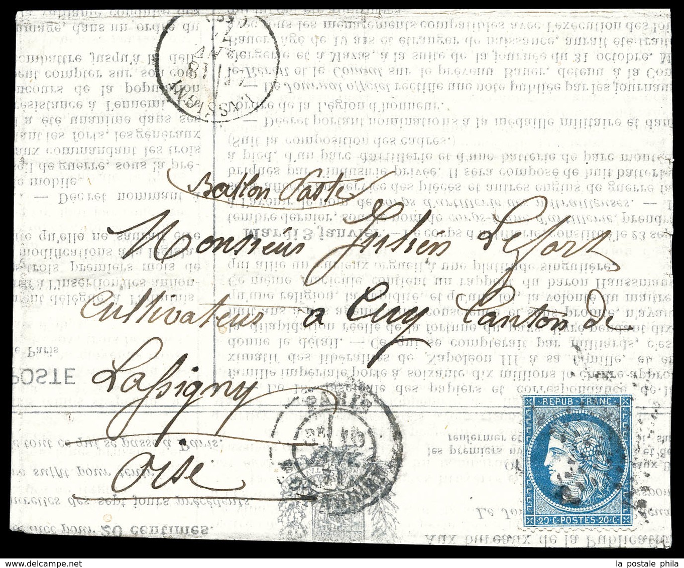 O Ballon Poste N°19, 20c Siège Obl étoile Et Càd De Paris Le 10 Janvier 1871, Arrivée à Lassigny (oise) Le 18 Janv 1871. - War 1870