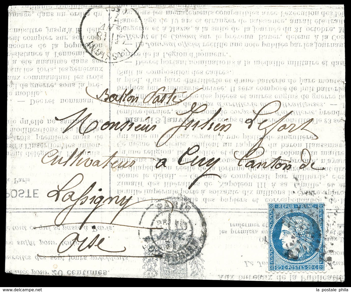 O Ballon Poste N°19, 20c Siège Obl étoile Et Càd De Paris Le 10 Janvier 1871, Arrivée à Lassigny (oise) Le 18 Janv 1871. - Guerra Del 1870