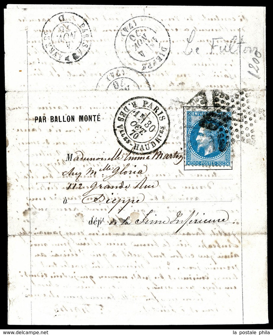 O LE FULTON', 20c Lauré + Càd De Paris Le 30 Oct 1870 Sur Formule Par Ballon Monté, Arrivée à Dieppe Le 4 Nov 70. TTB (c - Guerre De 1870