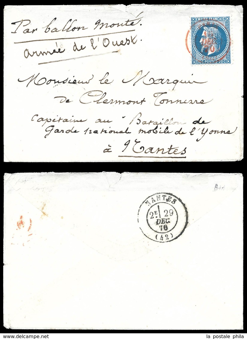 O LE PARMENTIER', 20c Lauré Obl Càd Paris S.C Rouge Du 16 Dec 1870 à Destination De Nantes, Arrivée Le 29 Dec 1870. SUP  - Guerre De 1870