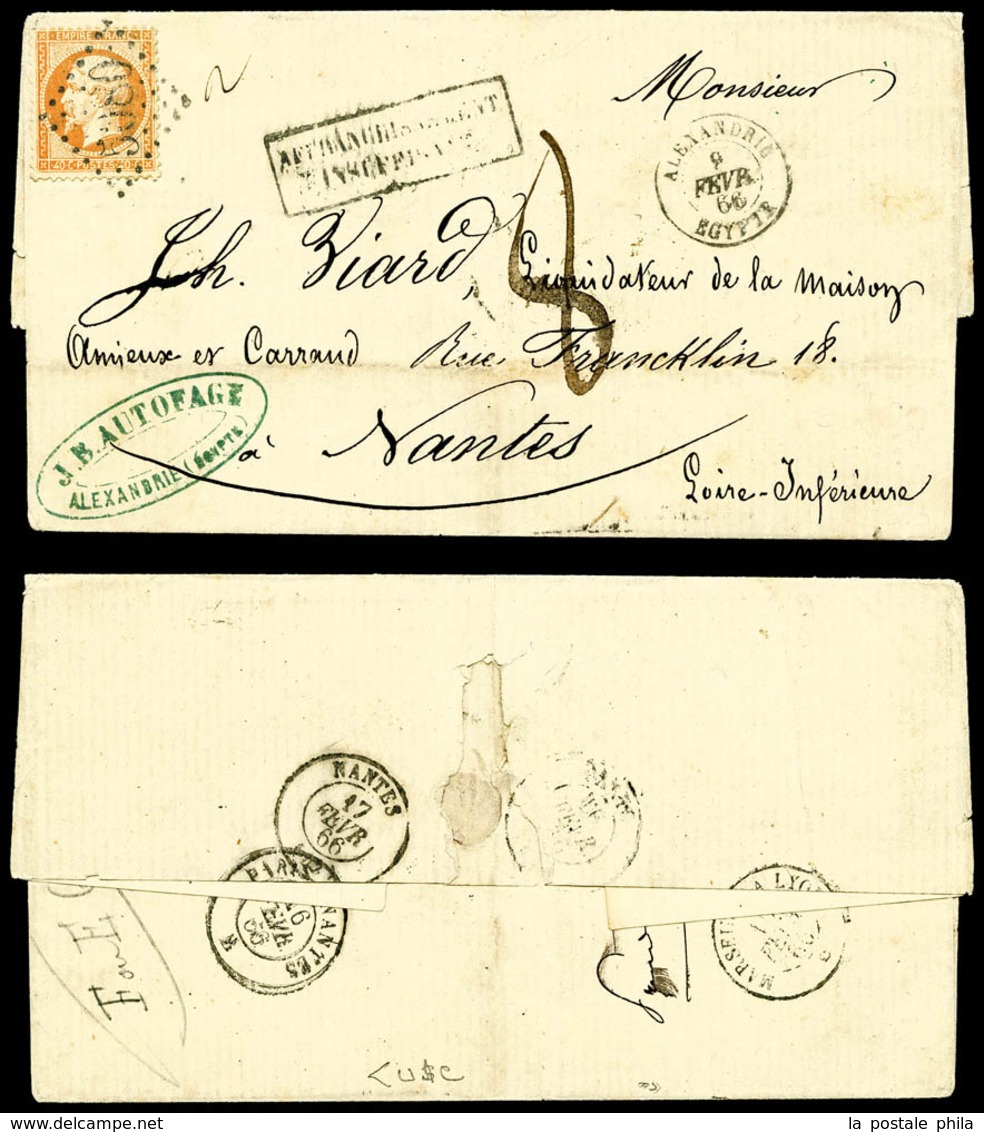 O Alexandrie, N°23, 40c Orange Obl GC 5080 Sur Lettre D'Alexandrie Le 09 Fev 66, Griffe 'Affranchissement Insuffisant' + - 1849-1876: Periodo Classico