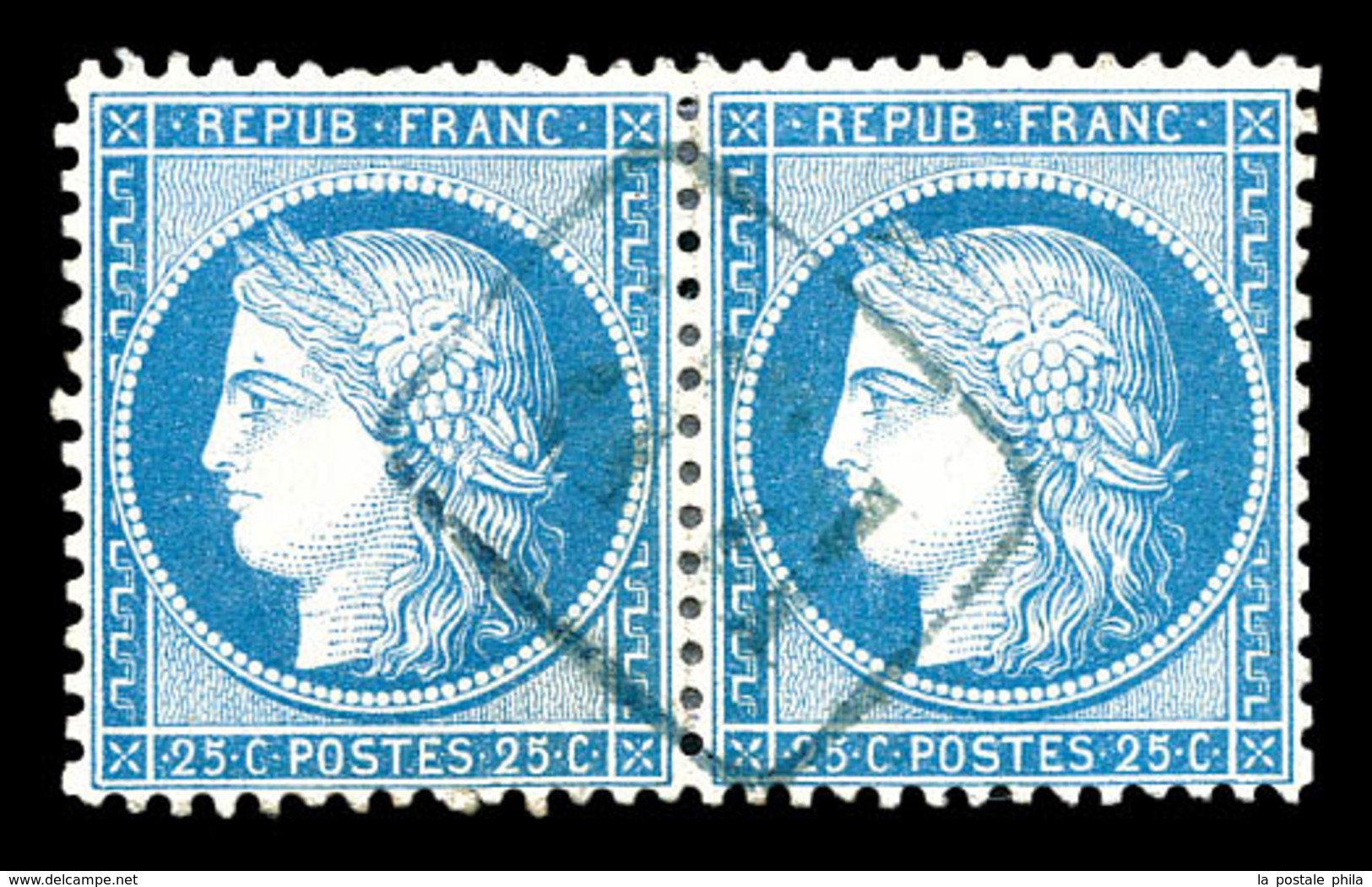 O Volo, N°60, 25c Bleu En Paire Obl 'PP' Encadré En Bleu. SUP (signé Brun/certificat)   Qualité: O   Cote:  Euros - 1849-1876: Periodo Classico