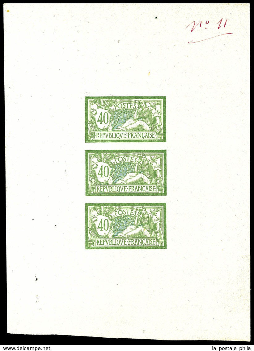 (*) N°119, Merson 40c: épreuve En Vert Et Bleu Sur Feuillet En Bande De 3, N°11 Inscrit En Marge à La Plume. R.R. SUPERB - 1900-02 Mouchon