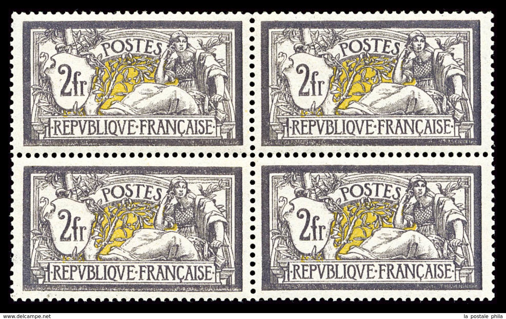 ** N°122, Merson, 2F Violet Foncé Et Jaune En Bloc De Quatre Très Bon Centrage, R.R.R. SUPERBE (signé Calves/certificat) - 1900-02 Mouchon