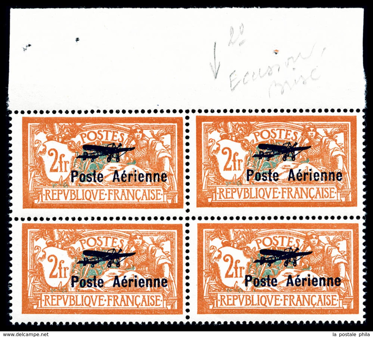 ** N°1a, Merson, 2F Orange Et Vertbleu, Coin De L'écusson Cassé Tenant à Normaux En Bloc De Quatre, Haut De Feuille, R.R - 1927-1959 Neufs