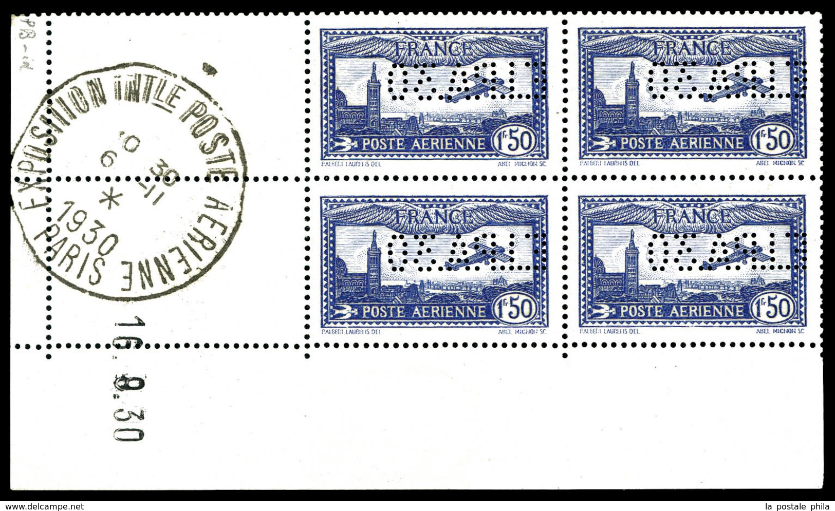 ** N°6c, 1F50 Outremer Perforé 'E.I.P.A.30' En Bloc De Quatre Coin De Feuille Daté Du 16/9/1930, SUP (signé Calves/certi - 1927-1959 Neufs