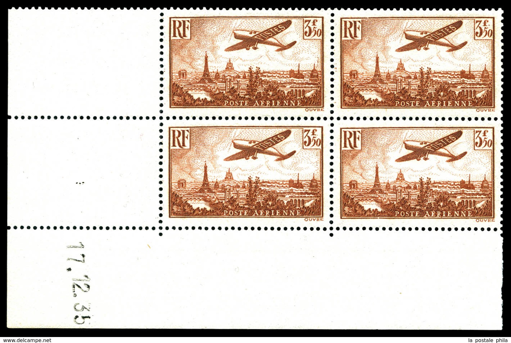 ** N°13, Avion Survolant Paris En Bloc De Quatre Coin De Feuille Daté Du 17/12/35, TB (certificat)   Qualité: **   Cote: - 1927-1959 Mint/hinged