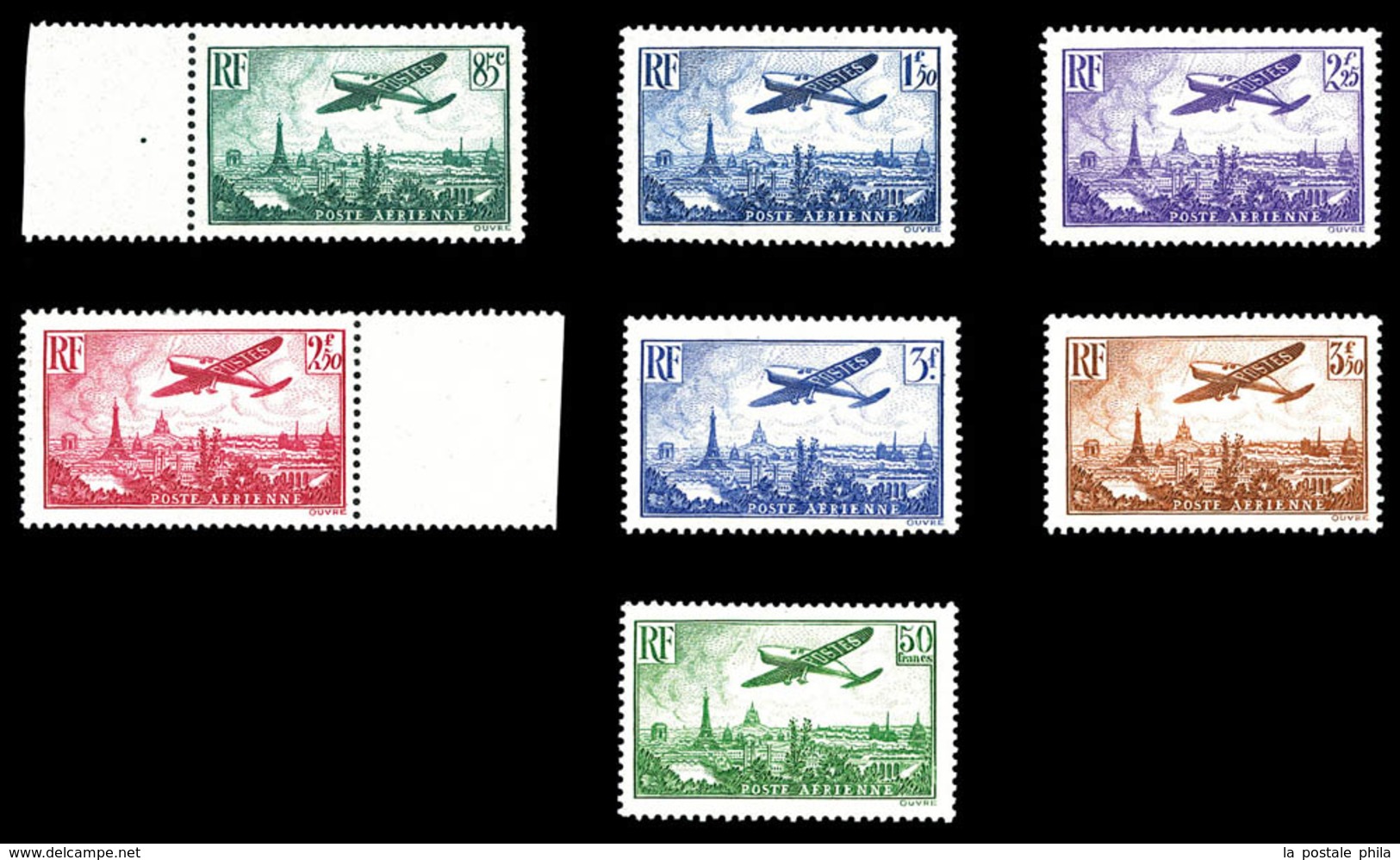 * N°8/14, Série Avion Survolant Paris, Les 7 Valeurs TB (certificat)   Qualité: *   Cote: 1270 Euros - 1927-1959 Mint/hinged