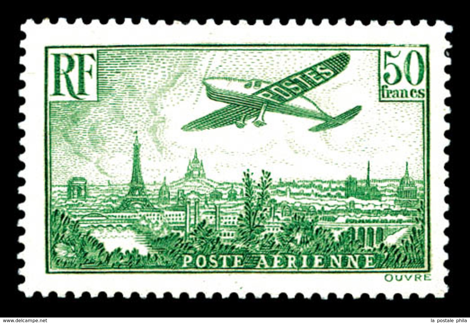 ** N°14, Avion Survolant Paris, 50F Vertjaune, SUP (certificat)   Qualité: **   Cote: 2000 Euros - 1927-1959 Mint/hinged