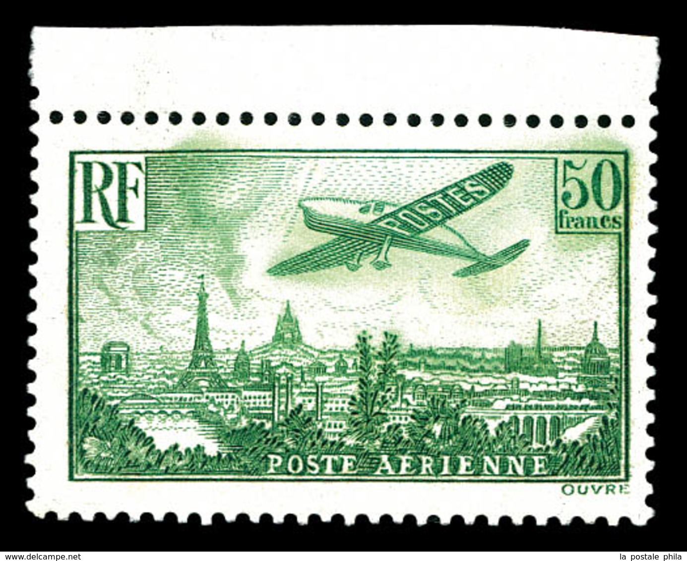 ** N°14, Avion Survolant Paris, 50F Vertjaune Haut De Feuille, Légers Maculage Du Vert Au Verso. TB (signé/certificat)   - 1927-1959 Mint/hinged