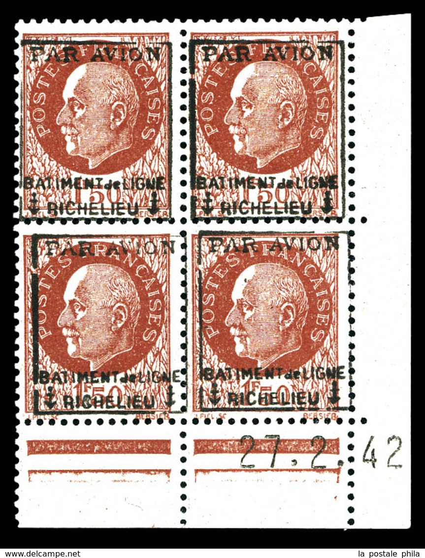 ** N°3, Pétain (N°517), 1F50 Brunrouge Surchargé En Bd4 Coin De Feuille Daté Du 27.2.42. TTB. R. (certificat)   Qualité: - Poste Aérienne Militaire