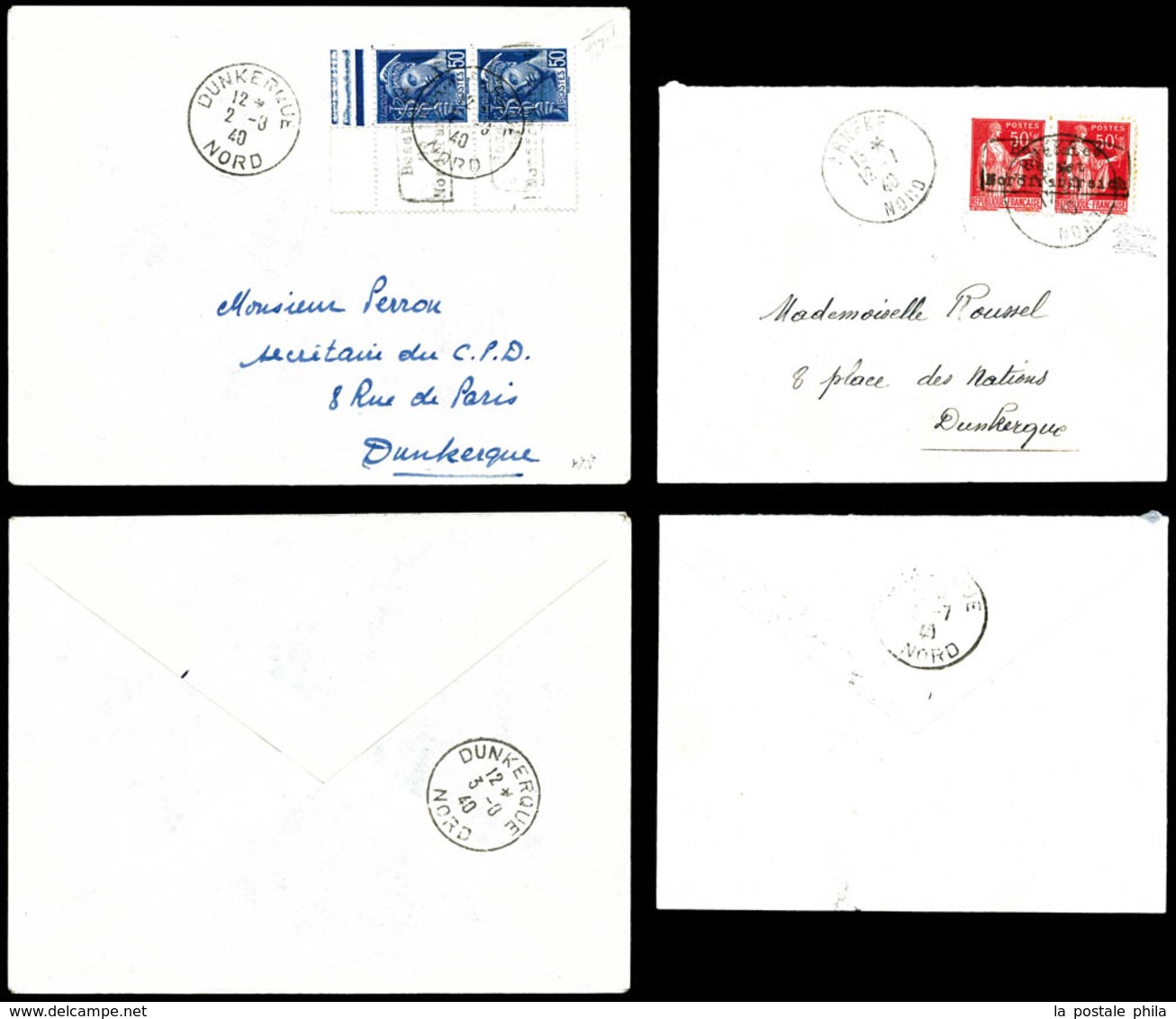 O N°3/4, 50c Paix Et 50c Mercure, Les 2 Paires Surchargées Dunkerque Sur Lettres, TB (signées)   Qualité: O   Cote: 280  - War Stamps