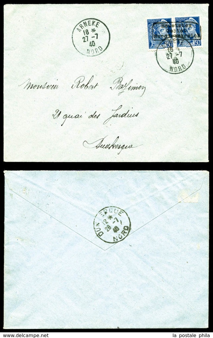 O N°4, 50c Bleu En Paire Surchargée 'Dunkerque' Sur Lettre Du 27/7/1940, TB   Qualité: O   Cote: 250 Euros - War Stamps