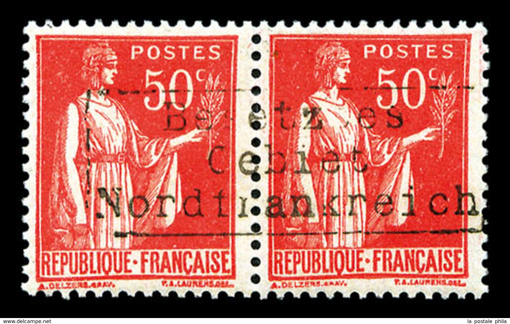 ** N°6, Paix, 50c Roserouge En Paire Horizontale Surchargée Coudekerque, Très Bon Centrage, SUPERBE (signé Calves/certif - War Stamps