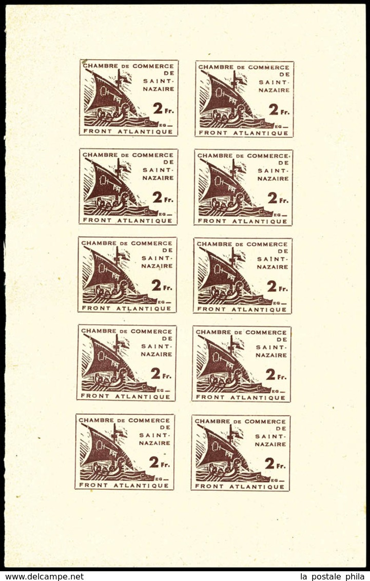 (*) N°9, 2f Brun En Feuille D'essai De 10 Exemplaires Non Dentelés. SUPERBE. R.R.R (certificat)   Qualité: (*)   Cote: 6 - Guerre (timbres De)