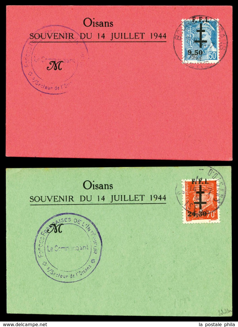 O N°1M/2, BOURG D'OISANS (Isère): 50c +9.5 Turquoise (mercure) Et 70c +24.3 Orange (pétain), Les 2 Valeurs Sur Cartes, T - Liberation