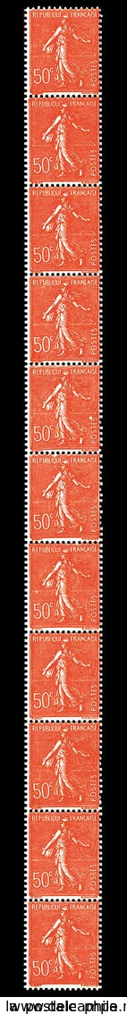 ** N°23, 50c Semeuse, Bande Varticale De 11 Exemplaires. TB   Qualité: **   Cote: 400 Euros - Coil Stamps