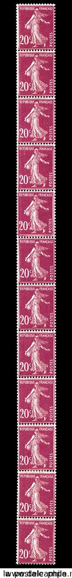 ** N°30, 20c Semeuse Lilasrose, Bande Verticale De 12 Exemplaires. TB   Qualité: **   Cote: 360 Euros - Coil Stamps