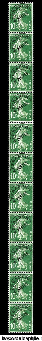 ** N°44, Préoblitéré, 10c Semeuse Vert, Bande Verticale De 11 Exemplaires. SUP (certificat)   Qualité: **   Cote: 600 Eu - Coil Stamps