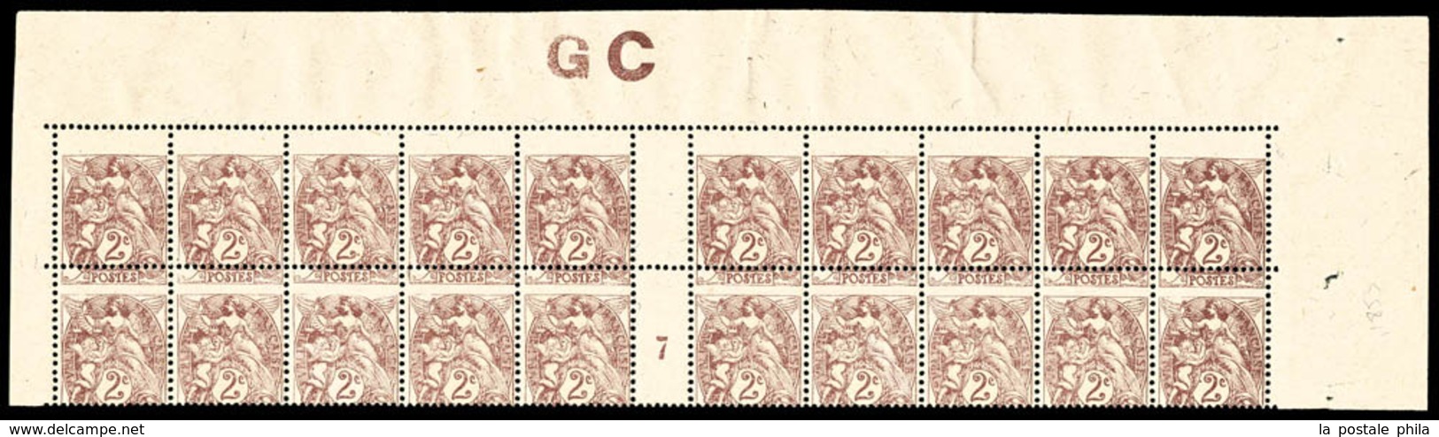 ** N°108, 2c Blanc, Piquage à Cheval Vertical En Bloc De 20 Exemplaires Millésime '7' Cdf Avec Manchette 'GC'. SUP. R. ( - Unused Stamps