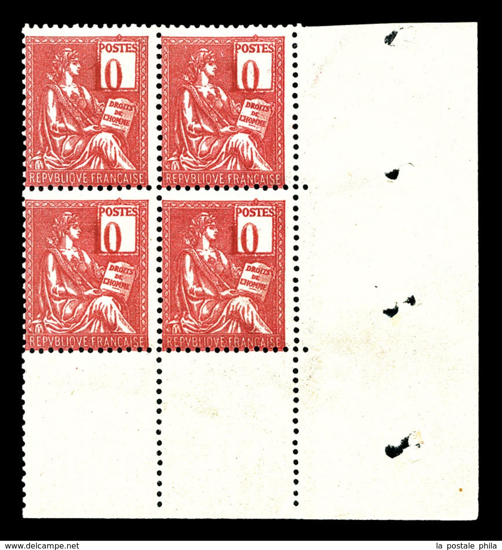 ** N°112, 10c Mouchon, Chiffres Déplacés '1' Hors Cadre En Bloc De Quatre Cdf. TTB (certificat)   Qualité: ** - Unused Stamps