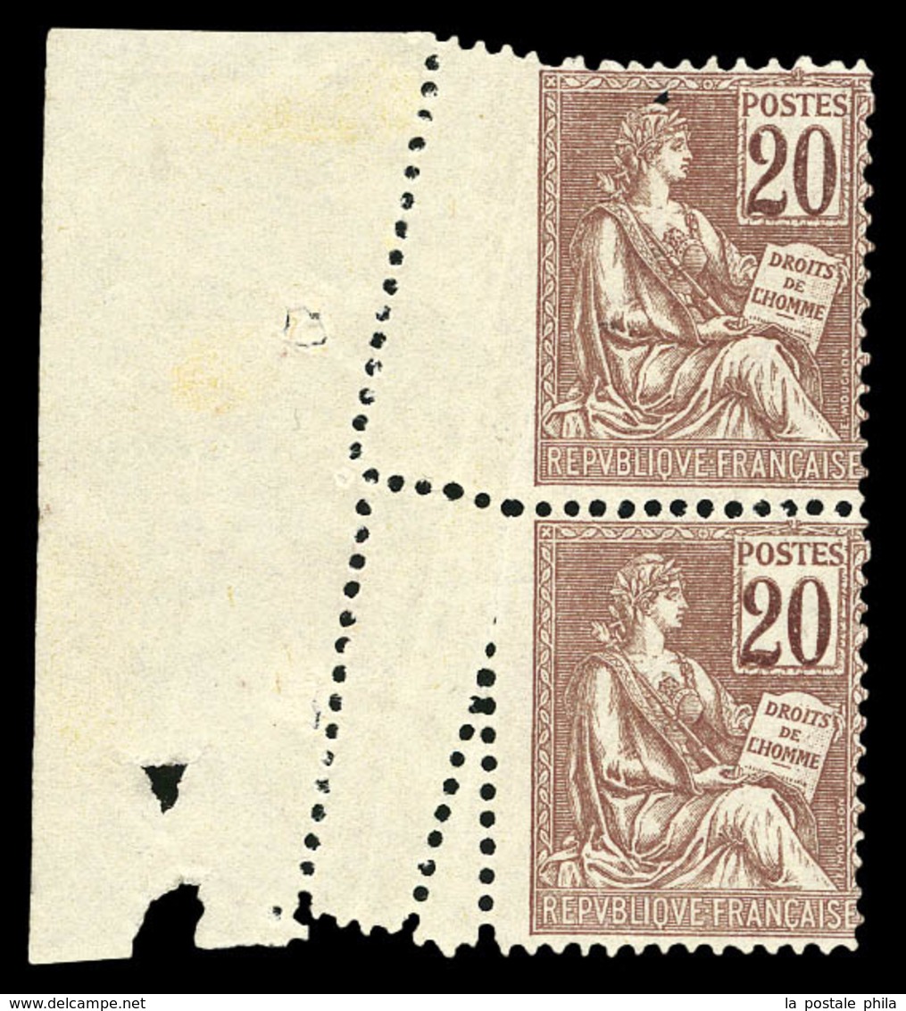 (*) N°113, 20c Mouchon, Piquage Oblique Sur Paire Verticale Bdf. TTB   Qualité: (*) - Unused Stamps