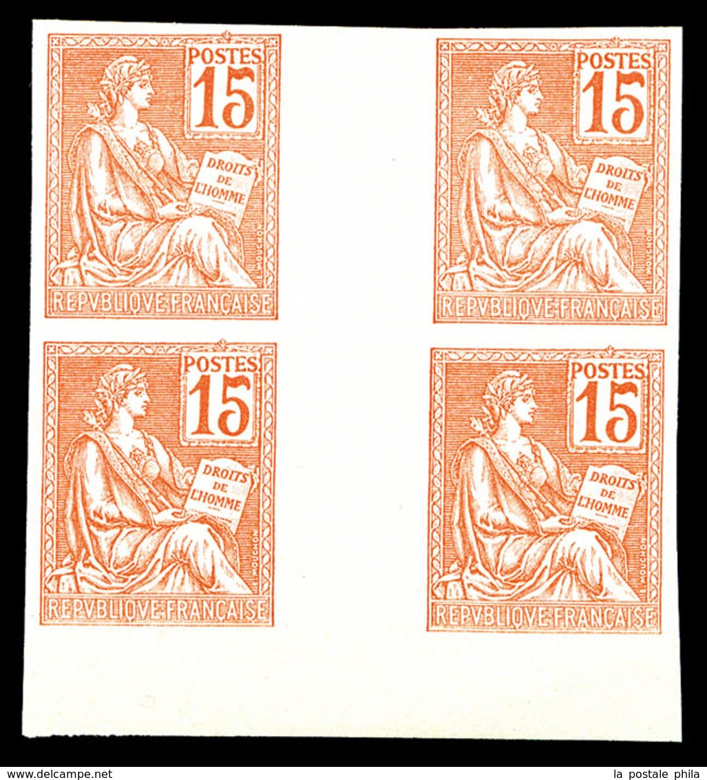(*) N°117c, Mouchon, 15c Orange NON DENTELE En Bloc De Quatre Interpanneau, Superbe (signé Calves/certificat)   Qualité: - Unused Stamps