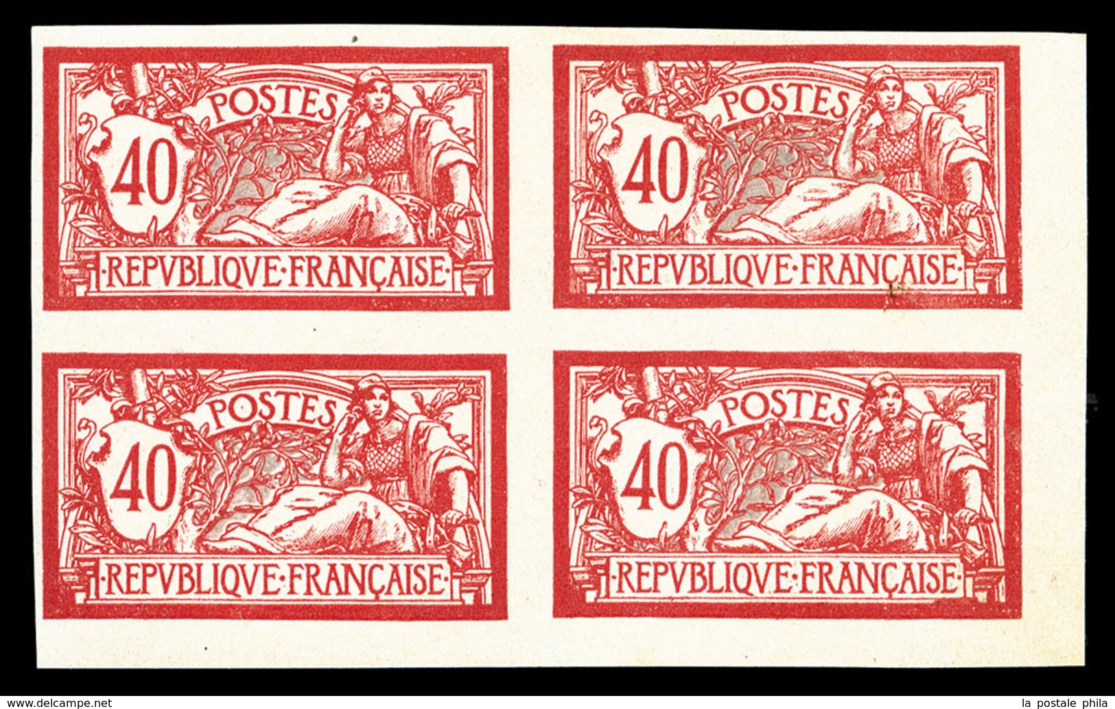 ** N°119a, 40c Rouge Et Bleu NON DENTELE En Bloc De Quatre Coin De Feuille (1ex*), SUP (certificat)   Qualité: ** - Unused Stamps