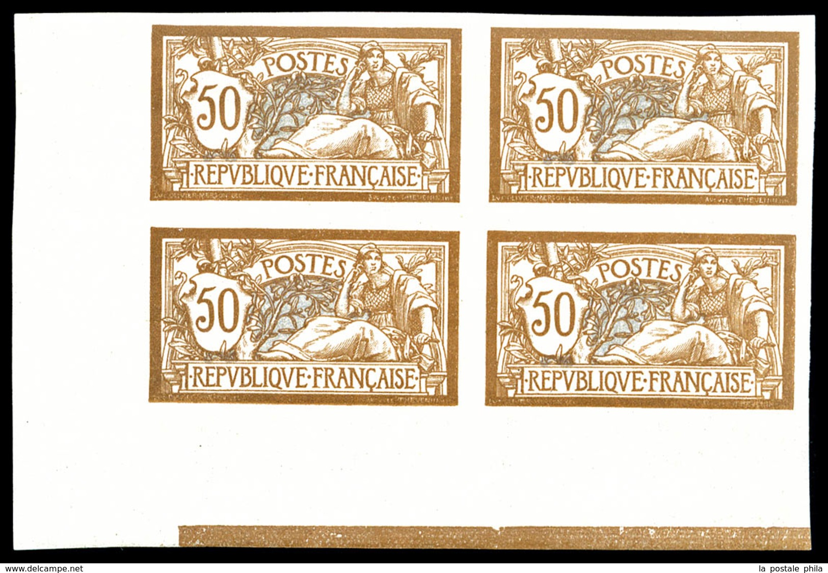 ** N°120a, Merson, 50c Brun Et Gris NON DENTELE En Bloc De Quatre (2ex*) Coin De Feuille Avec Liseret, SUPERBE (certific - Neufs