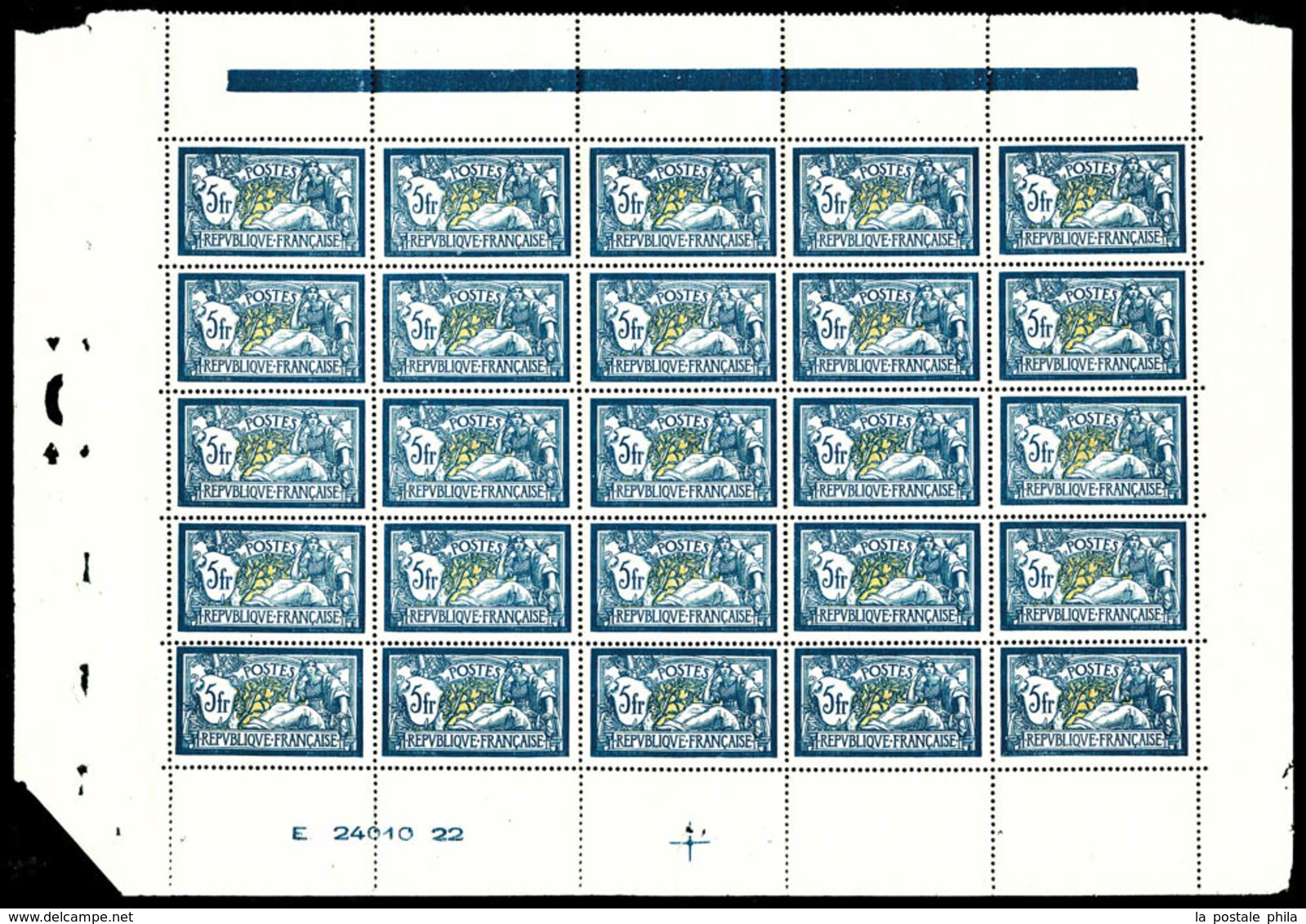 ** N°123, Merson, 5F Bleu Et Chamois, FEUILLE DE 25 EXEMPLAIRES Avec Numéro Et Croix De Repère, TRES BON CENTRAGE, SUPER - Full Sheets