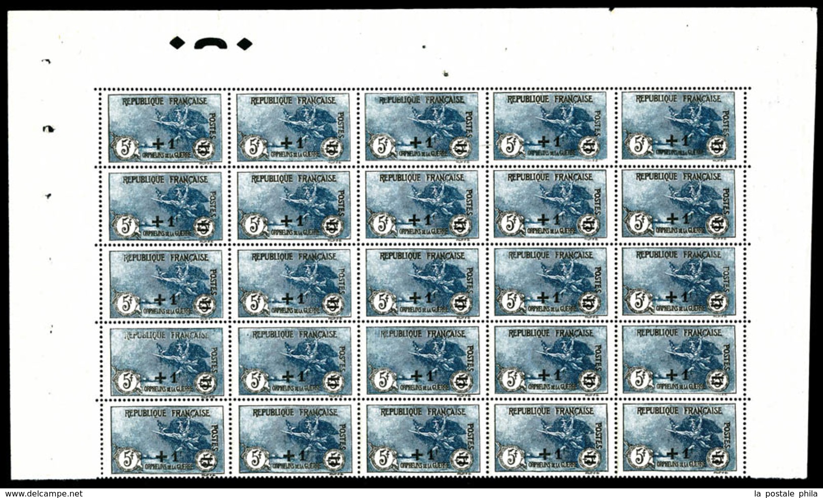 ** N°169, Orphelins, +1F Sur 5F +5F Noir Et Bleu Gris, PANNEAU DE 25 EXEMPLAIRES, Haut De Feuille, TRES BON CENTRAGE, SU - Fogli Completi