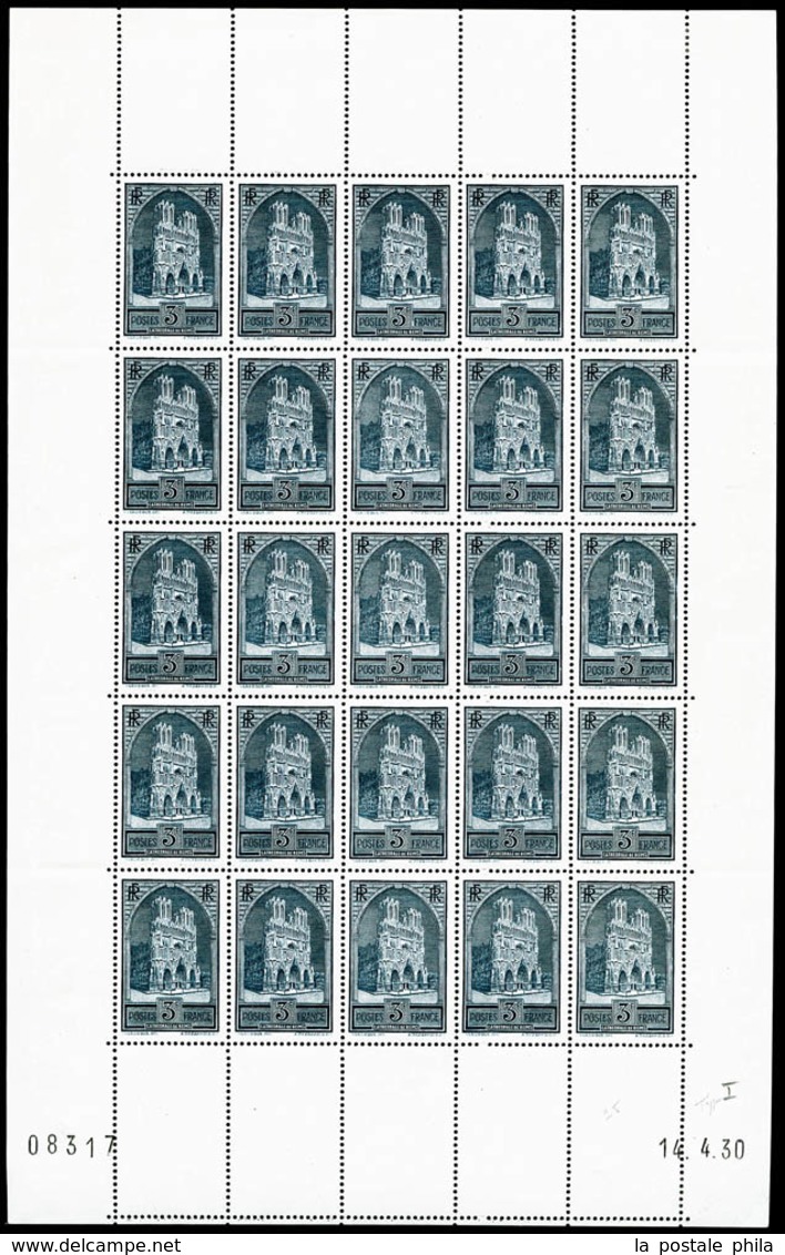 ** N°259, Cathédrale De Reims Type I En Feuille Complète De 25 Exemplaires Datée Du 14/4/1930, RARE Et SUPERBE (certific - Feuilles Complètes