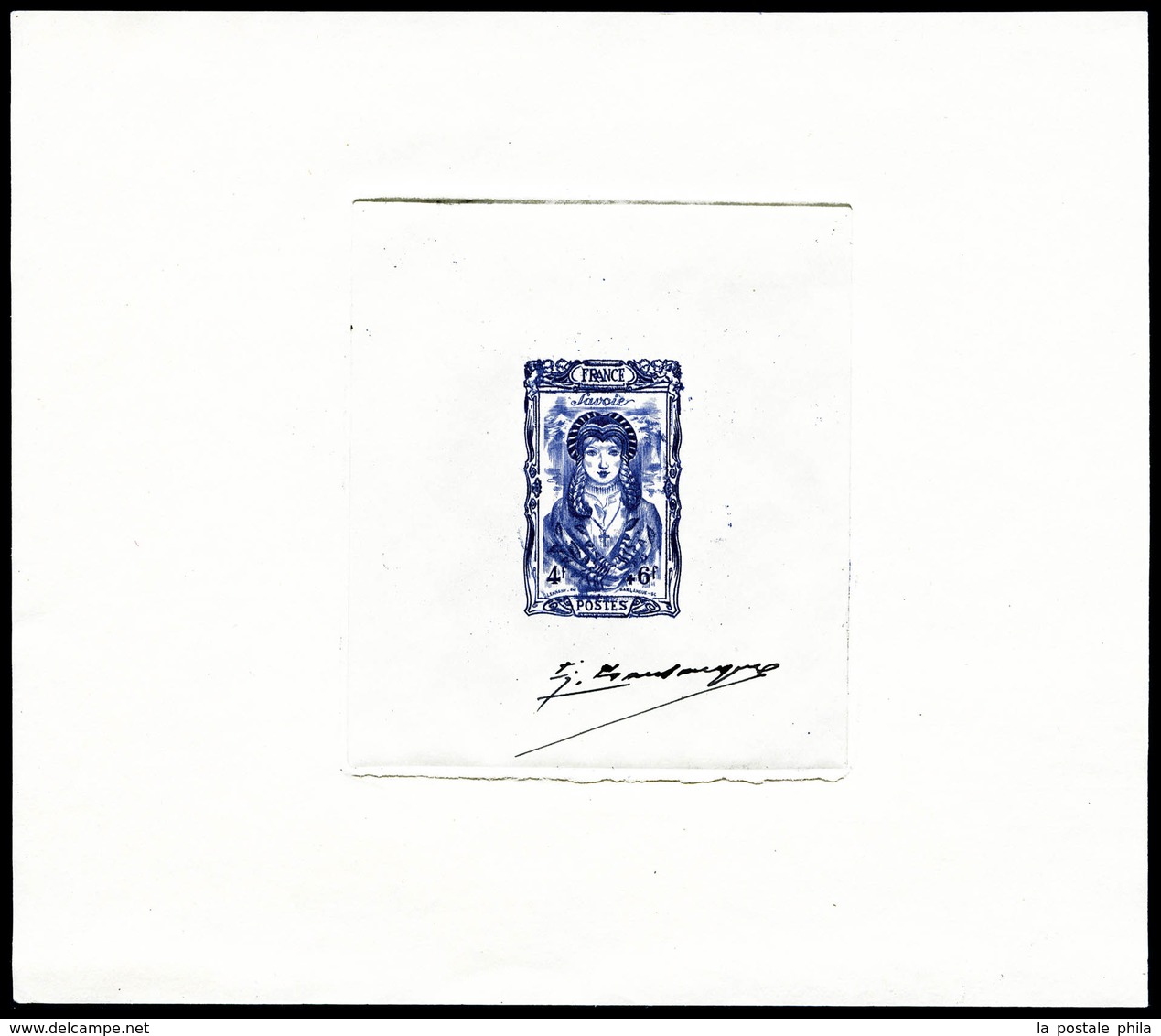 (*) N°598, Non émis 1943, Coiffe Régionale De SAVOIE, épreuve D'artiste En Bleu Signée Barlangue. R.R. SUP (certificat)  - Prove D'artista