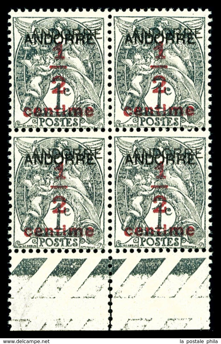 ** ANDORRE, N°1a, 1/2 Sur 1c Grisnoir, Double Surcharge En Bloc De Quatre Bord De Feuille. PIECE SUPERBE Et RARISSIME. ( - Unused Stamps