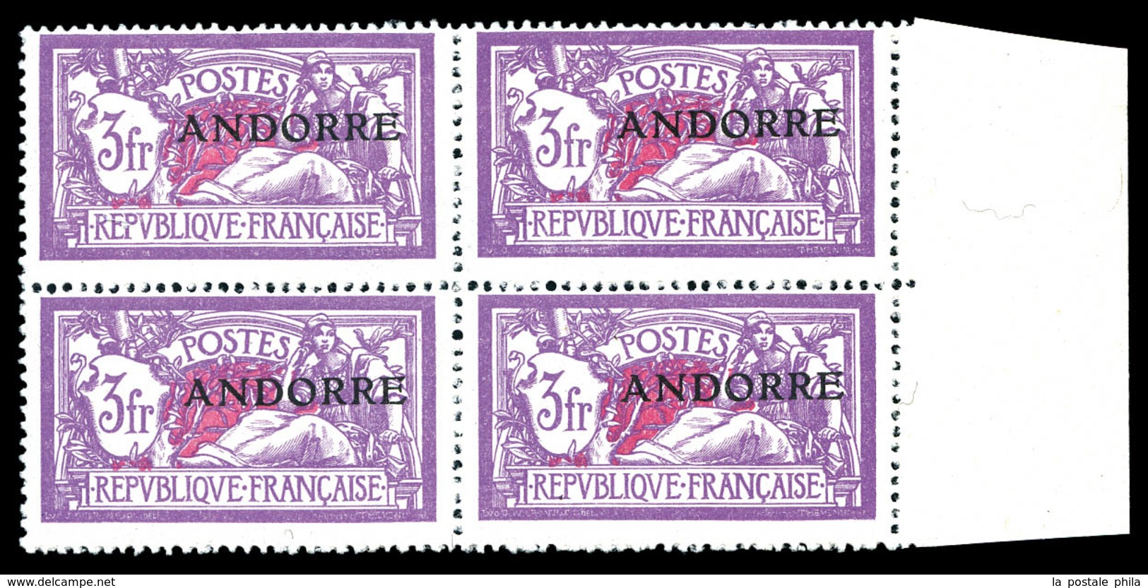 ** ANDORRE, N°20, 3f Merson Surchargé En Bloc De Quatre Bdf. SUP (certificat)   Qualité: **   Cote: 960 Euros - Unused Stamps