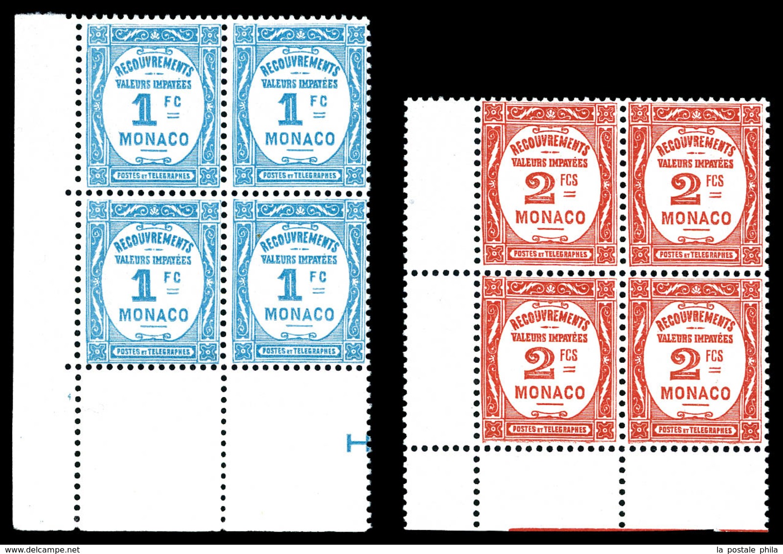 ** MONACO, Poste Aérienne, N°27/28, Paire Taxe De 1932: Les 2 Valeurs En Blocs De 4 Cdf, Bon Centrage. SUP (certificat)  - Airmail