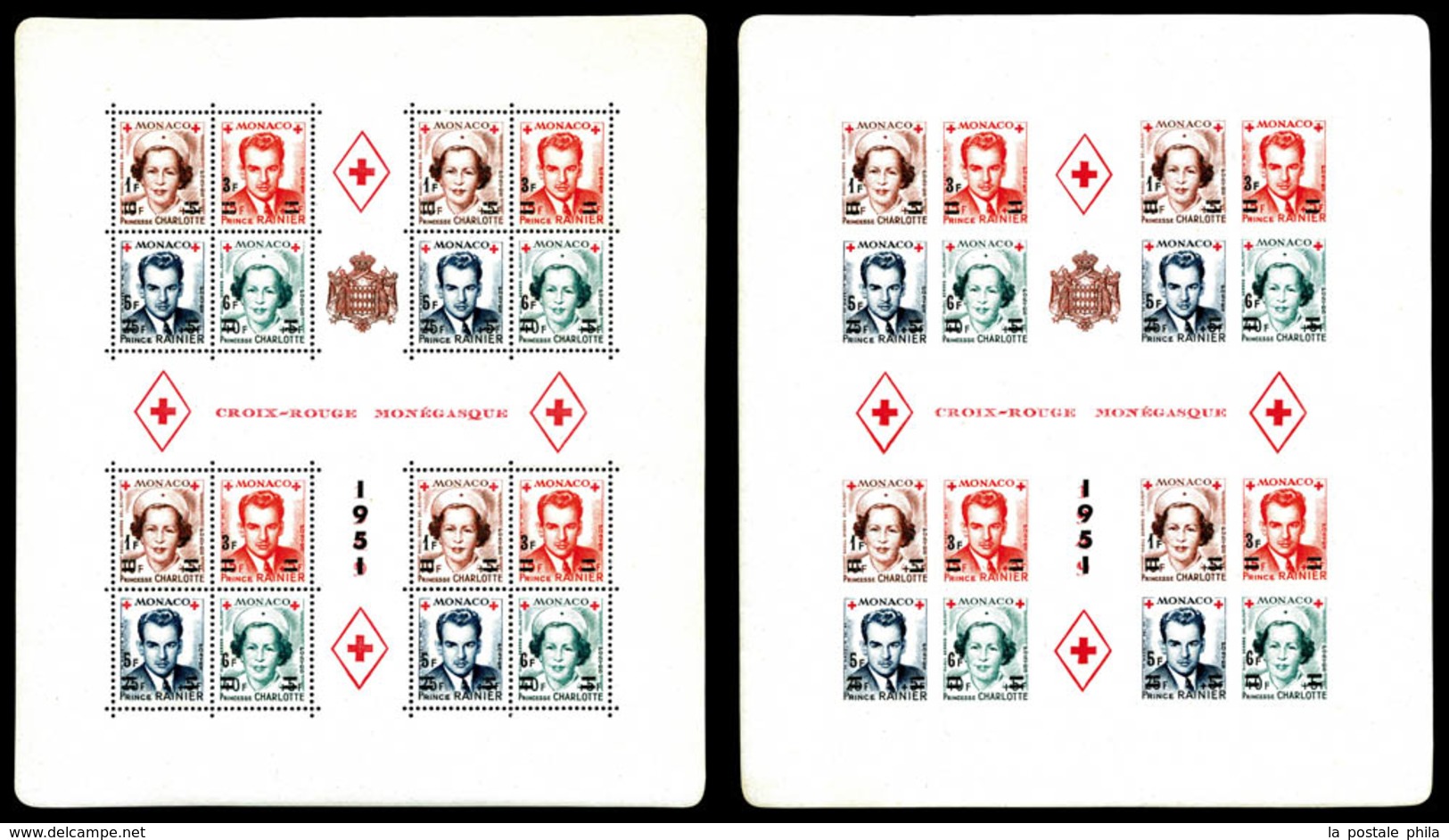 ** MONACO, Blocs Et Feuillets, N°4A/B, Croix Rouge Monégasque De 1949 Les 2 Feuillets Dentelé Et Non Dentelé Surchargés. - Blocks & Sheetlets