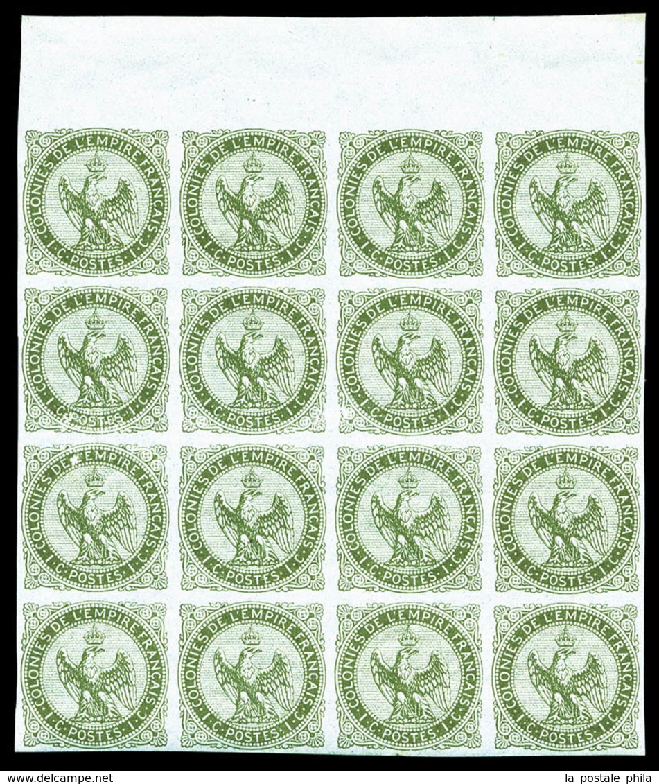 ** COLONIES GENERALES, N°1, 1c Olive En Bloc De 16 Exemplaires Haut De Feuille, Fraîcheur Postale, SUP (certificat)   Qu - Eagle And Crown