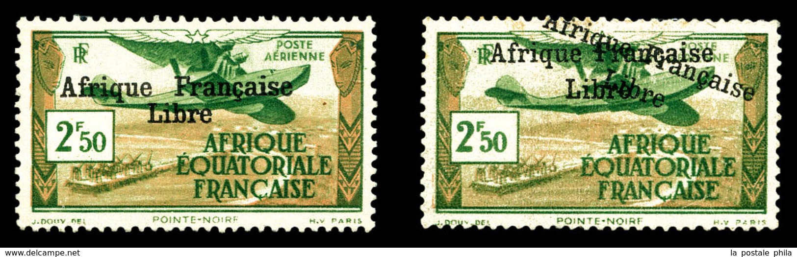 * AFRIQUE EQUATORIALE, Poste Aérienne, N°15/b, 2f 50 Vert Et Brun: 2ex, Double Surcharge Et Surcharge Espacée. TB (signé - Neufs