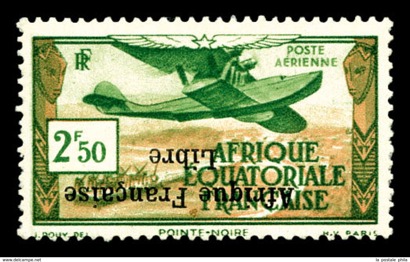 ** AFRIQUE EQUATORIALE, Poste Aérienne, N°15a, 2f50 Vert Et Brun, Surcharge Renversée. SUP (signé/certificat)   Qualité: - Unused Stamps