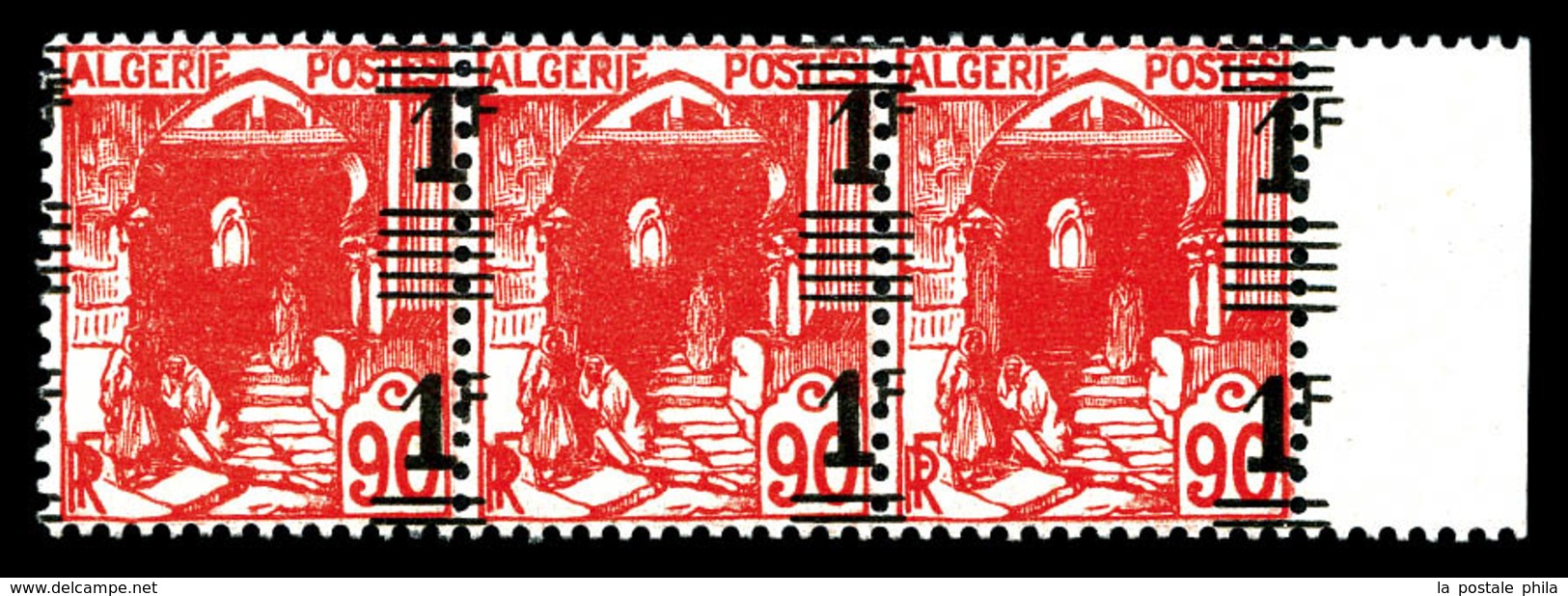 * ALGERIE, N°158b, 1f Sur 90c Rouge, Double Surcharge Sur Bande De 3 (1ex**) Bdf. TTB (signé Scheller/certificat)   Qual - Unused Stamps