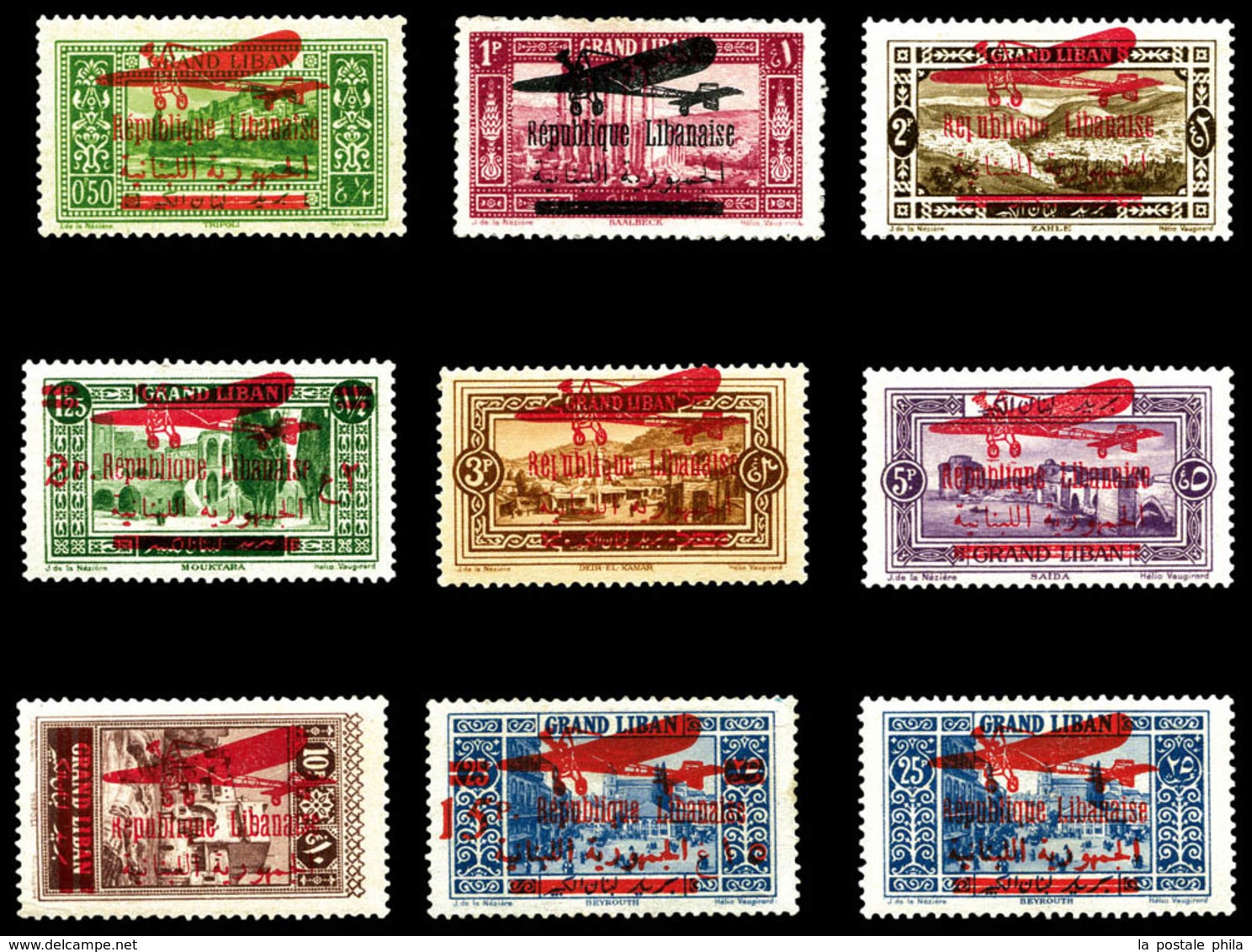 * GRAND LIBAN, Poste Aérienne, N°29/37, Série Complète Avec Surcharge Bilingue, Les 9 Valeurs TTB (certificat)   Qualité - Unused Stamps