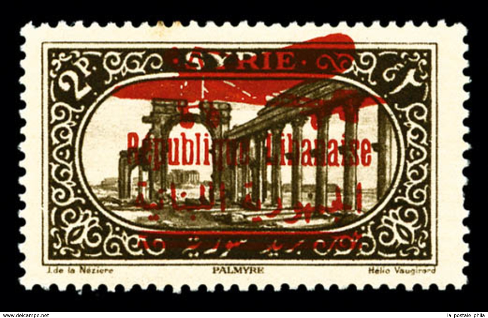 ** GRAND LIBAN, Poste Aérienne, N°31, 2pi Sépia, Surcharge Bilingue 'REPUBLIQUE LIBANAISE' Avec Avion Sur Timbre De Syri - Unused Stamps