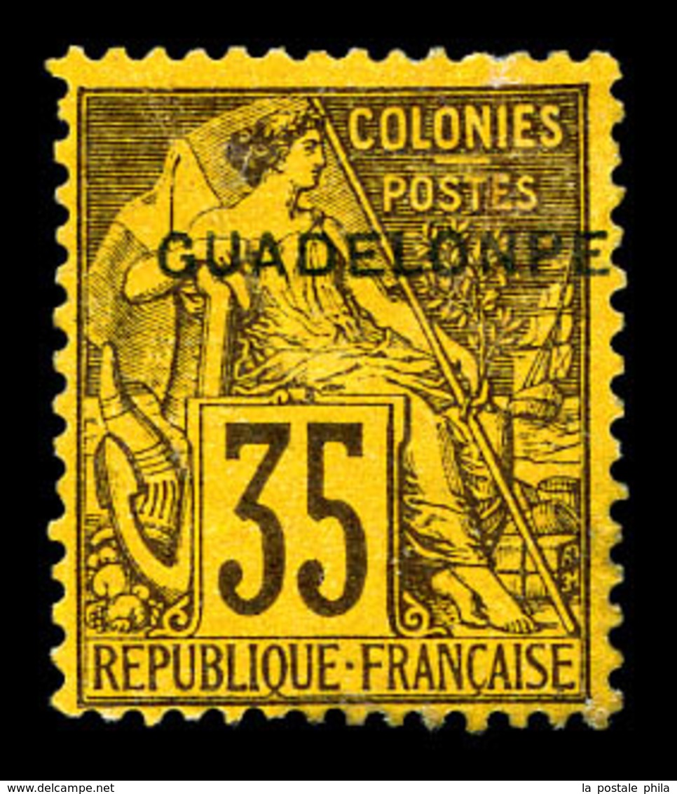 * GUADELOUPE, N°23aC, 35c Violet Noir Sur Jaune, Surcharge 'GUADELONPE'. TTB (signé Brun/certificat)   Qualité: *   Cote - Neufs