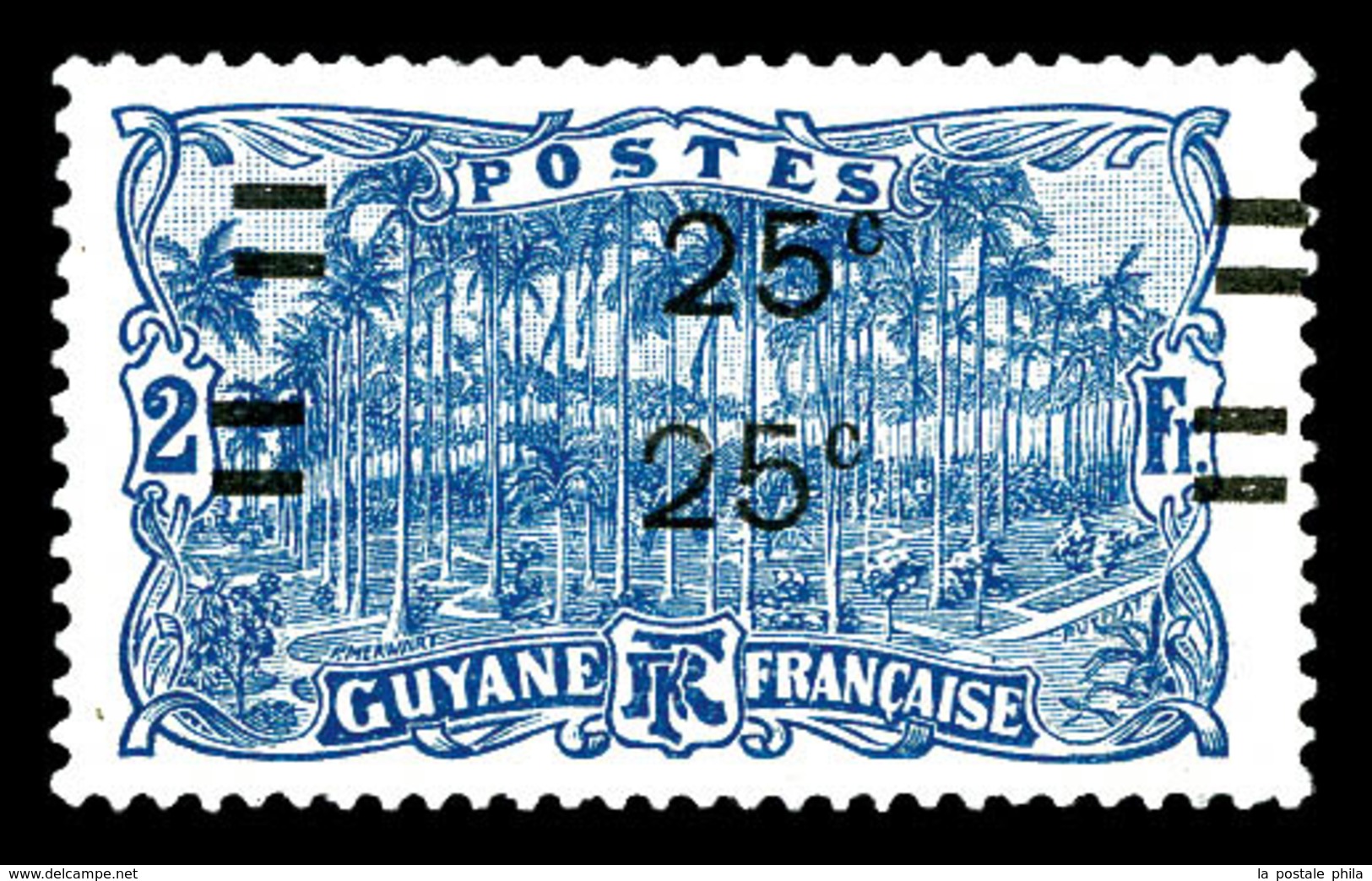 ** GUYANE, N°98a, 25c Sur 2f Bleu, Double Surcharge. SUP (signé Calves)   Qualité: **   Cote: 234 Euros - Oblitérés