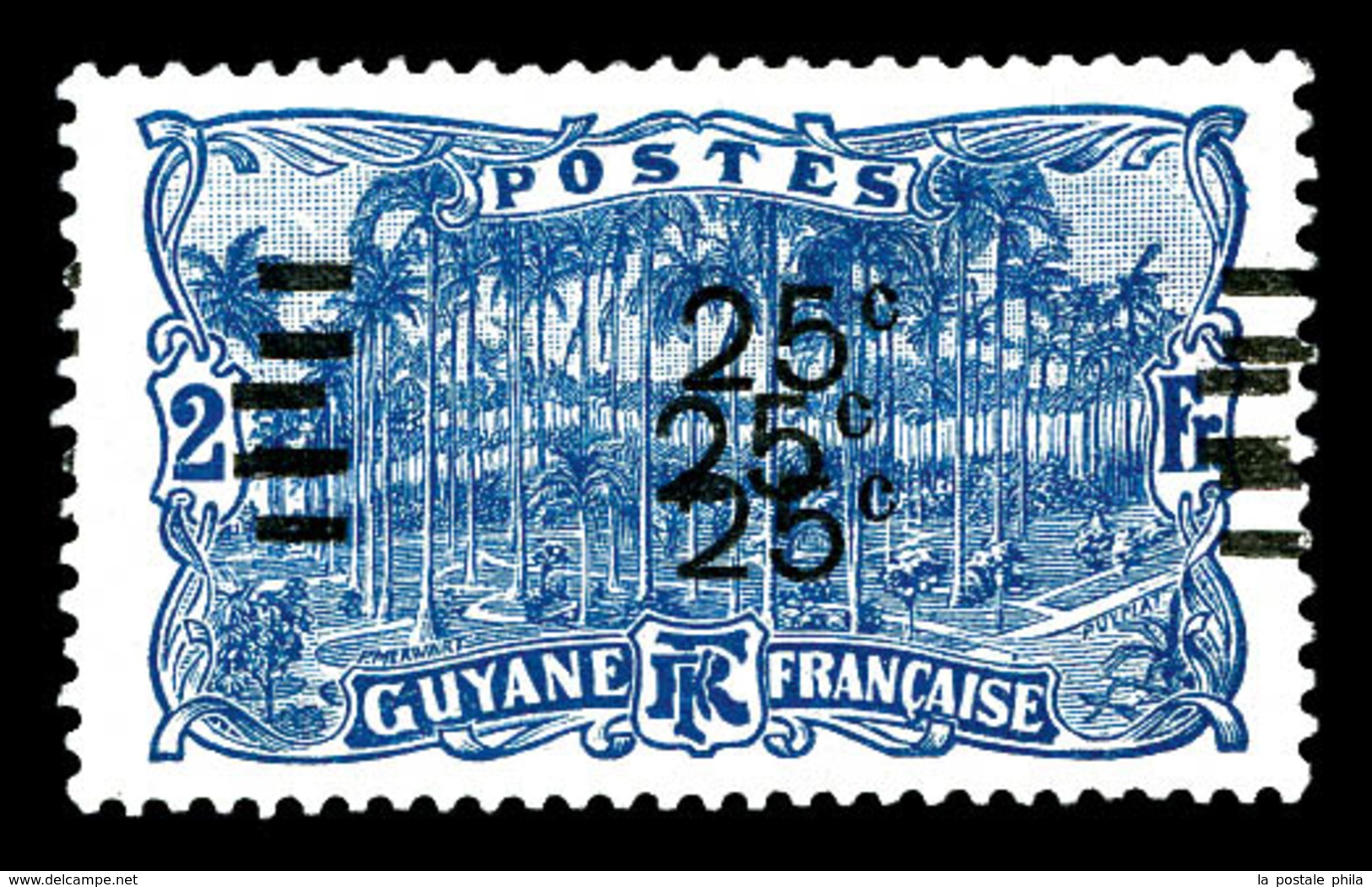 * GUYANE, N°98b, 25c Sur 2f Bleu, Triple Surcharge. TB   Qualité: *   Cote: 200 Euros - Usati